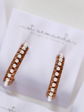 Dark Brown Studded Pearl Raffia Statement Earrings